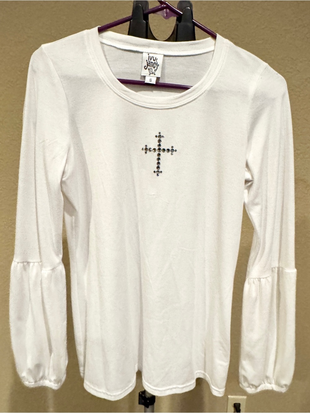 ivy jane White Long Sleeve Rhinestone Cross Blouse with Subtle Puffed Sleeves